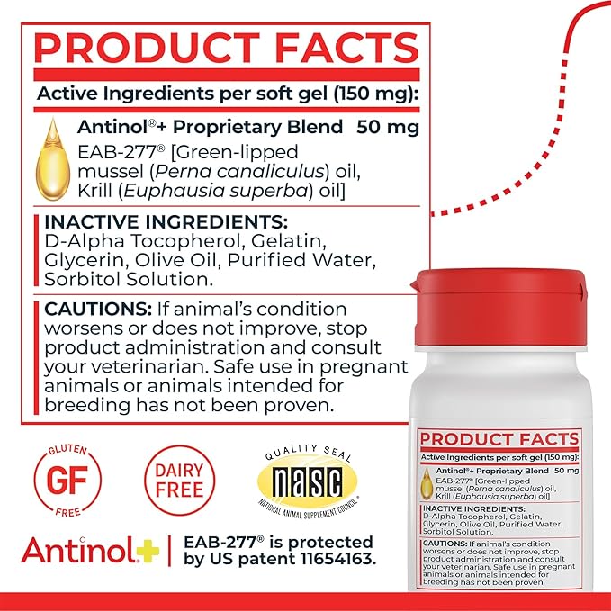 Antinol Plus, Mobility, Hip, and Joint Supplement for Dogs, Green-Lipped Mussels and Krill Oil - Dog Joint Supplement, Better and Faster Than Glucosamine and Chondroitin, 120 Soft Gels