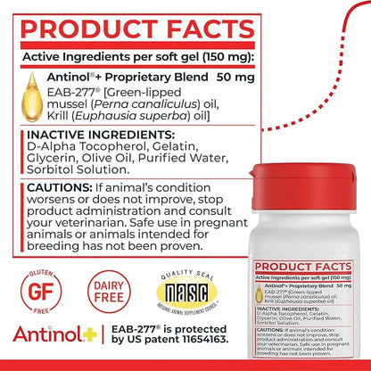Antinol Plus, Mobility, Hip, and Joint Supplement for Dogs, Green-Lipped Mussels and Krill Oil - Dog Joint Supplement, Better and Faster Than Glucosamine and Chondroitin, 120 Soft Gels
