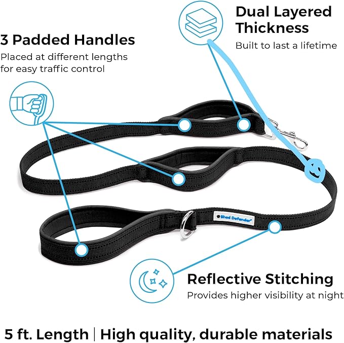 Shed Defender 5 ft. Standard Dog Leash - Three Padded Traffic Handles, Designed in The USA, Dual Layered Thickness Heavy Duty, Reflective Stitching, Large Dogs & Small Breed, Training Lead (Camo)