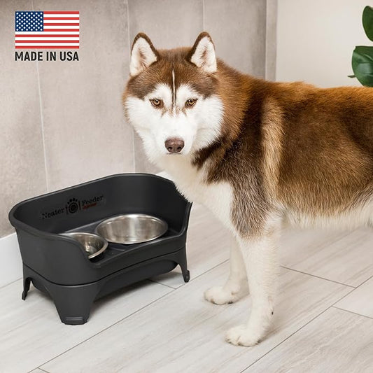 Neater Feeder Express Mess Proof Dog Bowls Elevated for Medium and Large Breed – Made in USA – No Spill Raised Slow Feeder Elevated Dog Bowl Stand, Slow Feed Food and Water Bowl Set, Black