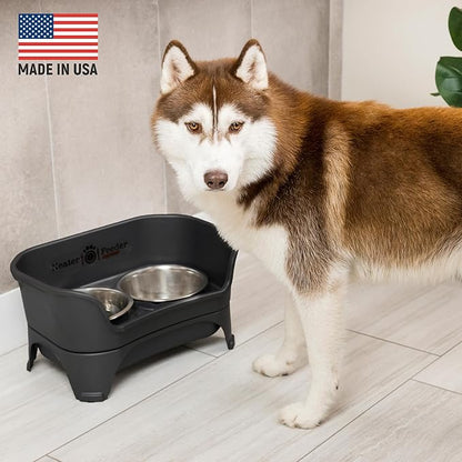 Neater Feeder - Express Model w/ Slow Feed Bowl - Mess-Proof Dog Bowls (M/L, Black) Made in USA – Elevated, No Spill, Non-Tip, Non-Slip, Raised Stainless Steel Food/Water Pet Bowls Aid Digestion