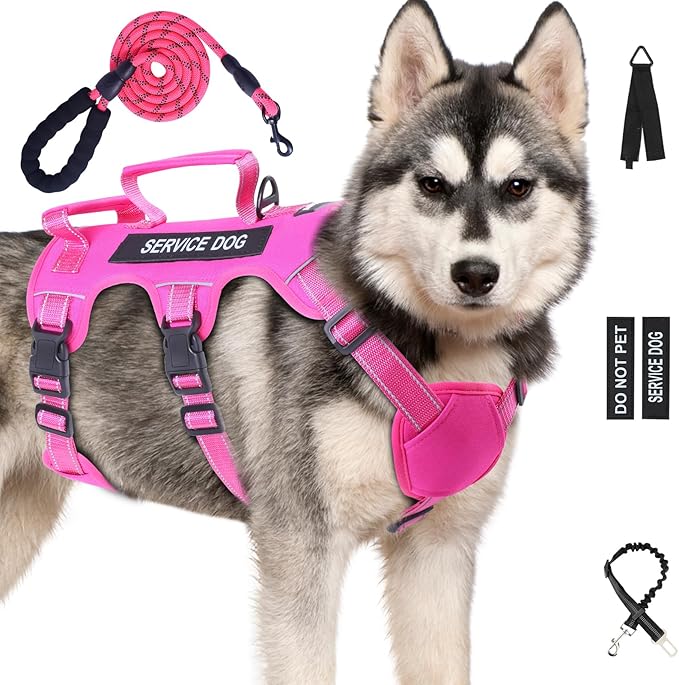 Escape Proof Dog Harness for Large Medium Sized Dogs Six Point Adjustable, Service Dog Vest Harness and Leash Set, No Pull Dogs Harnesses with Handle, XL Dog Harnesses for Walking(Pink, L)