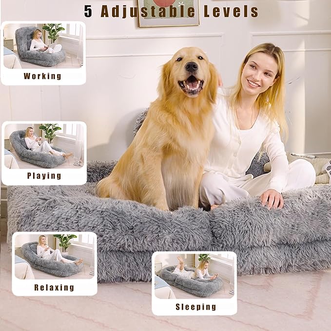 KEIKI 69" Upholstered Human Dog Bed for Adults, Foldable Plush Faux Fur Lazy Sofa Bed with 5 Adjustable Positions and a Pillow, Giant Human Size Dog Bed for People, Light Gray
