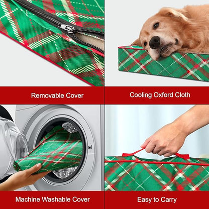 Tail Stories Outdoor Extra Large Dog Bed, Waterproof Dog Bed for Large Dogs, Egg Crate Foam XL Pet Bed with Removable Washable Oxford Cooling Cover, Christmas Plaid