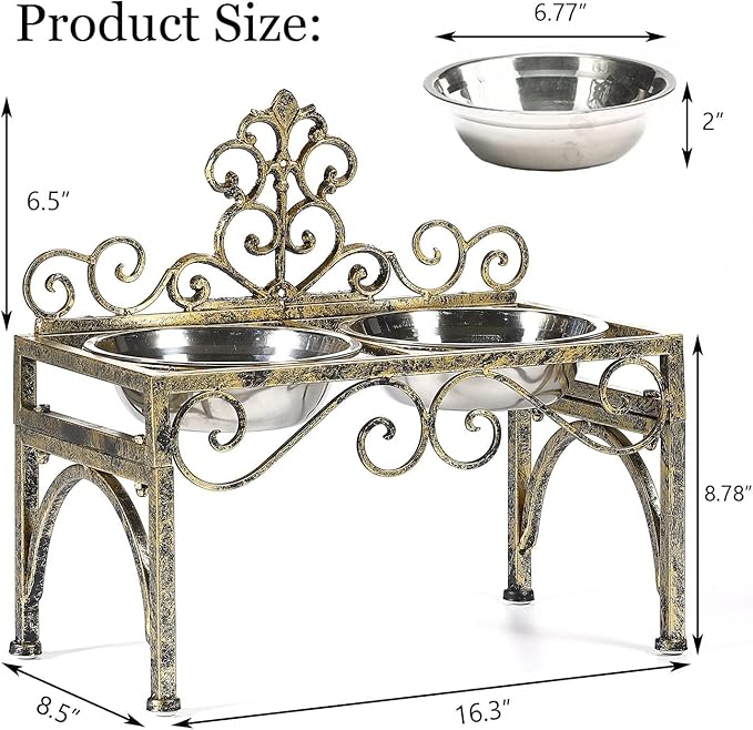 Elevated Dog Bowls for Large Dogs, Metal Raised Dog Feeder, Lifted Dogs Dish Stand with Double Stainless Steel Bowls for Food and Water, Antique Gold Finish Tall Dog Bowl Stand - Height 8.78"