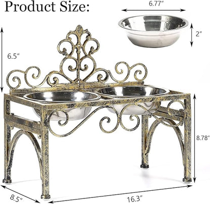 Elevated Dog Bowls for Large Dogs, Metal Raised Dog Feeder, Lifted Dogs Dish Stand with Double Stainless Steel Bowls for Food and Water, Antique Gold Finish Tall Dog Bowl Stand - Height 8.78"