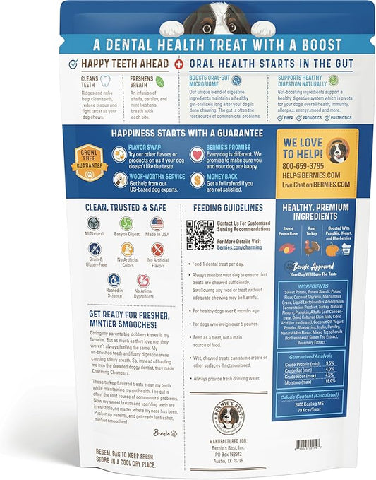 Bernie's Charming Chompers - Daily Dental Chews for Dogs 26-50 Lbs. - 18 Count - Cleans Teeth, Freshens Breath, + Boosts Oral-Gut Microbiome. Easy to Digest, Supports Healthy Digestion Naturally