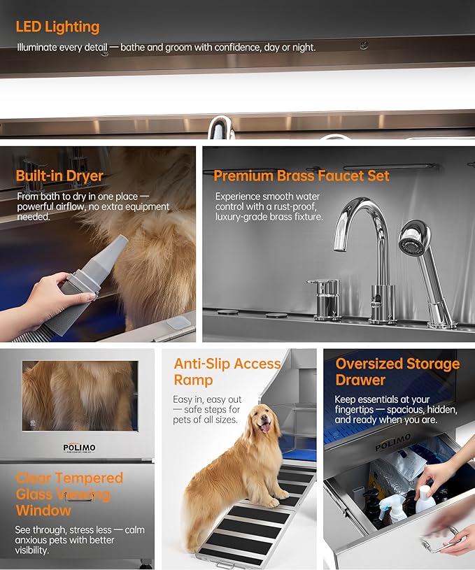 POLIMO Dog Wash Station with Pet Dryer & LED, Professional Dog Bathing Station for Large, Medium & Small Dogs – with Window, Ramp, Drawer, Floor Grate, LED Display & Faucet (Left Ramp & Dryer, 61")