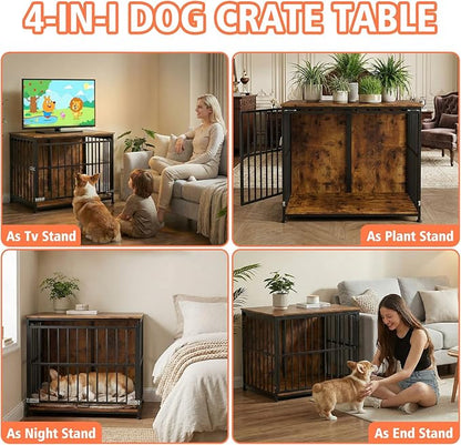31.5" Dog Crate Furniture with Flip Door, Wooden Dog Kennel Indoor, Heavy Duty Pet Cage for Small Medium Dogs, Double Door Pet House End Table, Rustic Brown