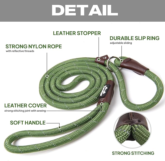TwoEar 6FT Slip Lead Dog Leash, Heavy Duty Slip Leash for Dogs with Highly Reflective, Strong Rope Slip Leads No Pull Pet Training Leashes for Small Dogs (3/8", Green)
