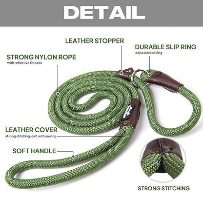 TwoEar 6FT Slip Lead Dog Leash, Heavy Duty Slip Leash for Dogs with Highly Reflective, Strong Rope Slip Leads No Pull Pet Training Leashes for Small Dogs (3/8", Green)