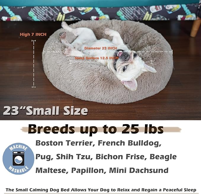Calming Donut Dogs Beds for Small Dogs Washable,23inch Plush Round Pet Bed for Cozy Sleep,Fluffy Faux Fur Large Cat Bed,Fits up to 25 lbs Pets,Camel