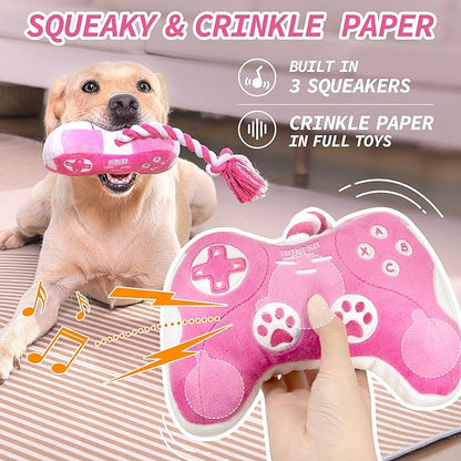 MTERSN Cute Dog Plush Toys : Squeaky Dog Toys with Crinkle Paper and Interactive Rope Toy for Tug of War - Game Controller Dogs Chew Toy with 3 Squeakers for Puppy, Small, Medium, Large Dogs (Pink)