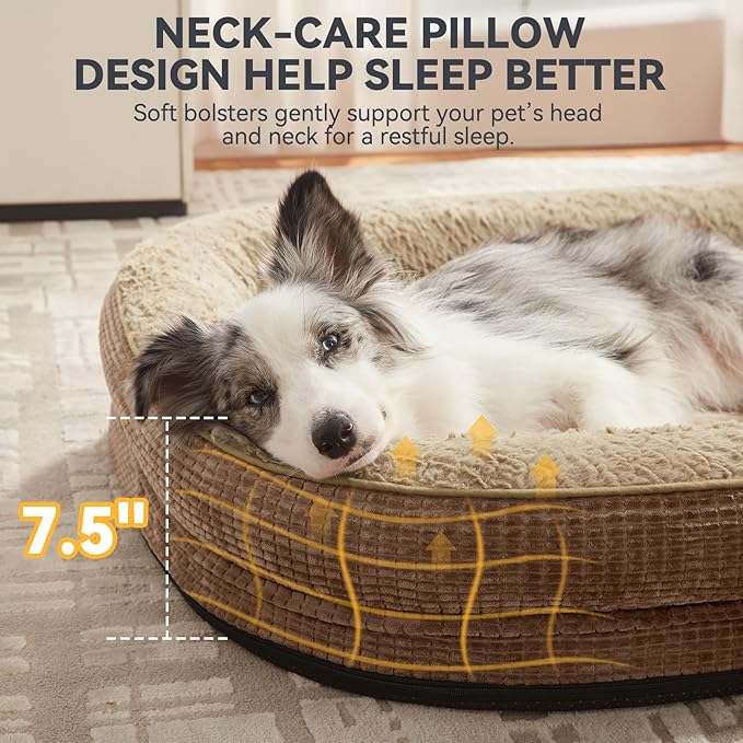 JOEJOY Orthopedic Dog Beds Large Sized Dog, XL Egg-Crate Memory Foam Pet Couch Bed with Bolster Sides, Waterproof Lining, Removable Washable Cover & Non-Slip Bottom, Brown