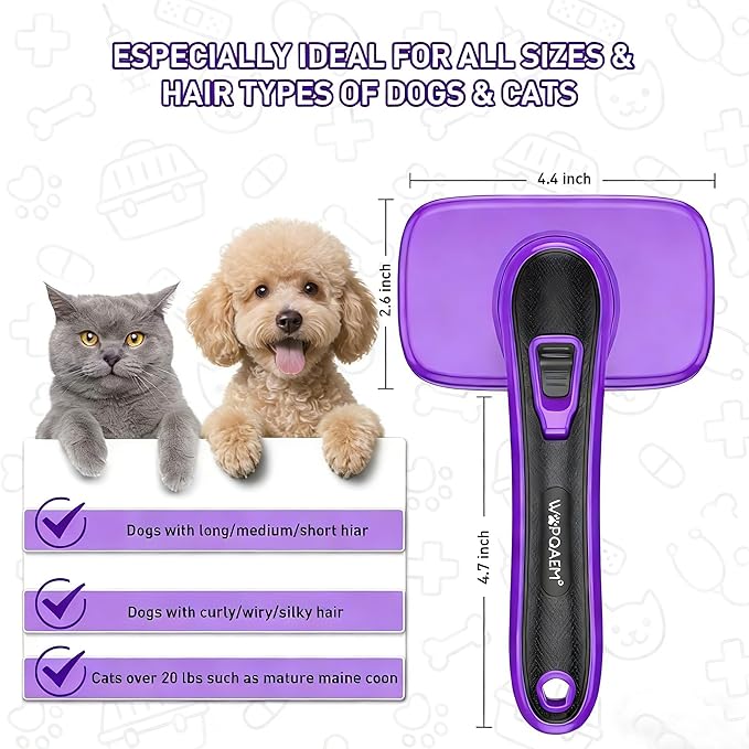 WOPQAEM Self Cleaning Slicker Brush for Dog, Cat, Skin Friendly Shedding & Grooming Tool for Long and Short Haired Pets, Easy Clean Retractable Bristles, Purple