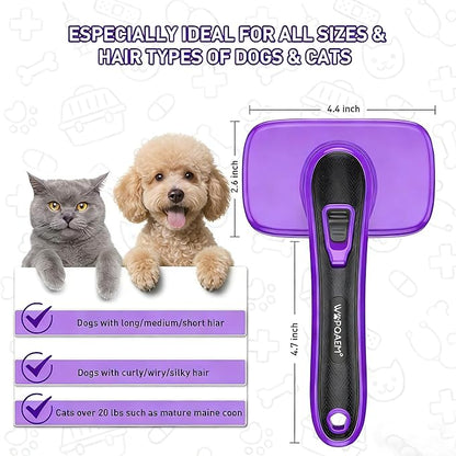 WOPQAEM Self Cleaning Slicker Brush for Dog, Cat, Skin Friendly Shedding & Grooming Tool for Long and Short Haired Pets, Easy Clean Retractable Bristles, Purple