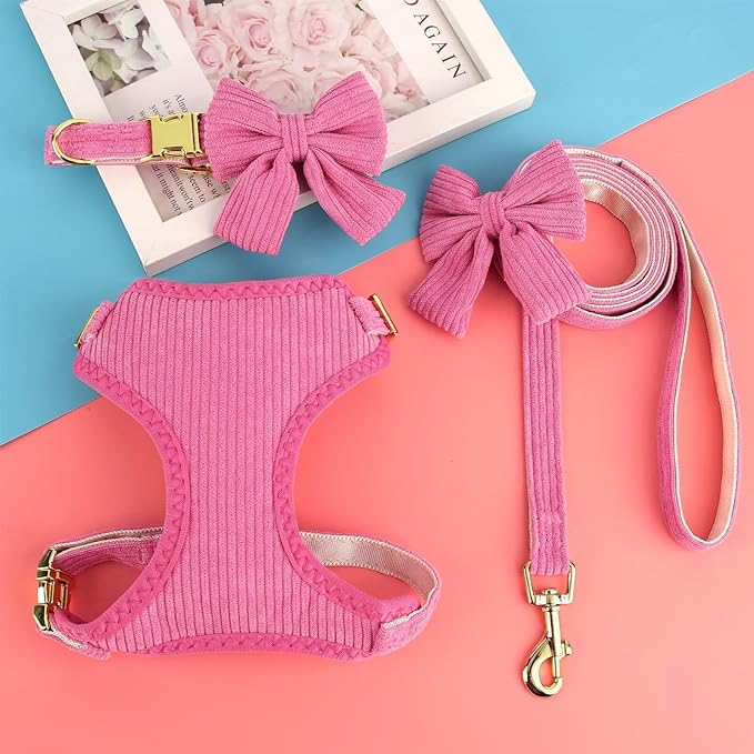 Didog Cute Small Dog Harness Collar and Leash Set with Bowtie, Breathable Soft Mesh Padded Puppy Harness, Dog Harness for Small Dogs Daily Walks Parties, Holiday Gatherings & Gifts, Hot Pink, S