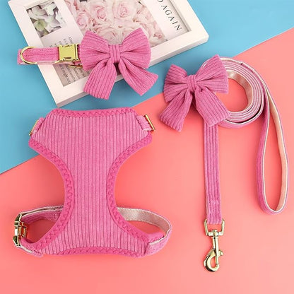 Didog Cute Small Dog Harness Collar and Leash Set with Bowtie, Breathable Soft Mesh Padded Puppy Harness, Dog Harness for Small Dogs Daily Walks Parties, Holiday Gatherings & Gifts, Hot Pink, S