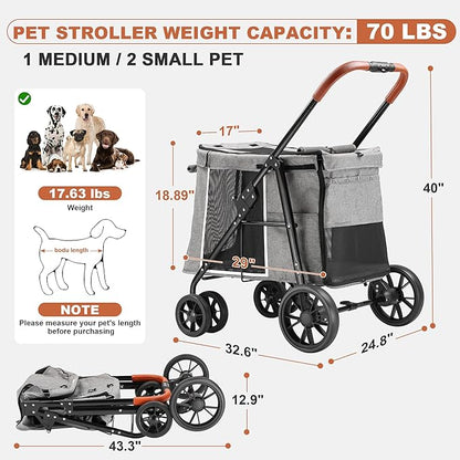 AOPEC Medium Dog Stroller, Dual Entry One-Touch Folding,Small and Medium Pet Stroller,360° Rotating Front Wheels,70 lbs Weight Capacity for Outdoor Travel and Elderly Dogs - Gray