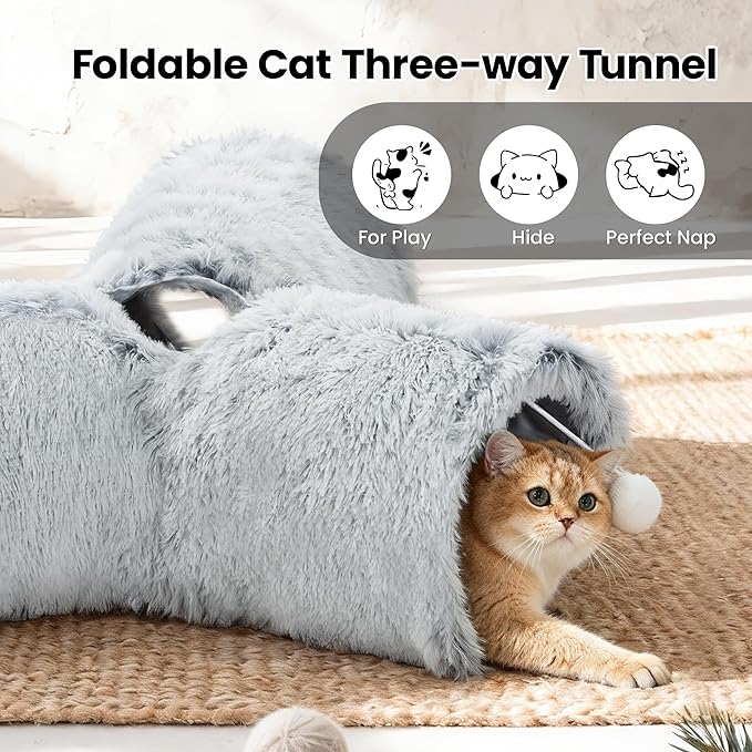 Tempcore Plush Cat Tunnel for Indoor Cats，Collapsible 3-Way Pet Tunnel Toy with Peek Holes for Cats, Kittens, Rabbits, Light Grey