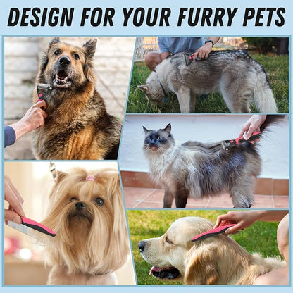 Docrok Pet Grooming Brush & Comb Combo, Cat & Dog Brush for Shedding & Dematting, Undercoat Rake for Long-haired Pets, Pink