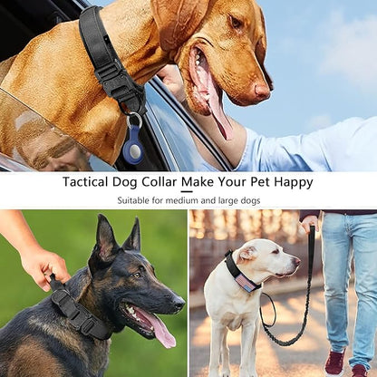 DAGANXI Tactical Dog Collar Leash Set, Adjustable Military Training Nylon Dog Collar with Controll Handle and Heavy Metal Buckle for Medium and Large Dogs，with Patches and Airtags Case (L, Black-Set)