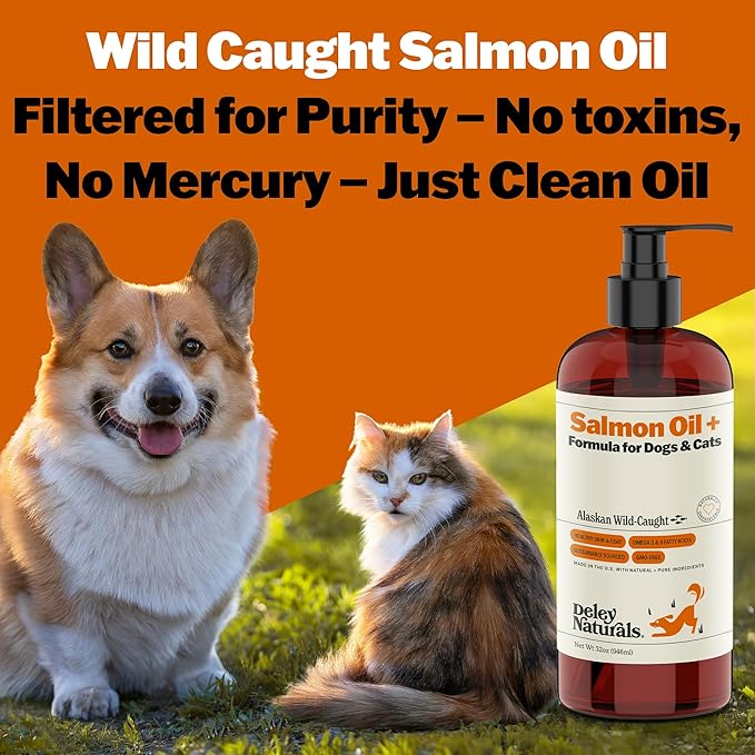 Deley Naturals Wild Alaskan Salmon Oil for Dogs & Cats - New & Improved Salmon Oil Plus Formula - Fish Oil for Dogs with DHA EPA Omega 3 & 6 Fatty Acids - Omega 3 for Skin & Coat - 32oz Made in USA