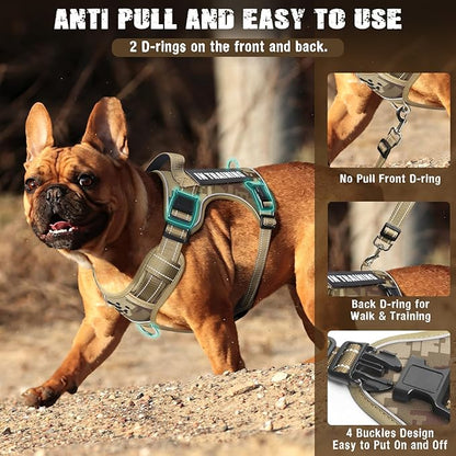 MOOGROU Tactical Dog Harness and Leash Set Small Sized Dog,Heavy Duty No Pull Service Dog Vest and 10 Patches with Dog Seat Belt,Reflective Adjustable Pet Harness for Training Walking Hiking Camo S