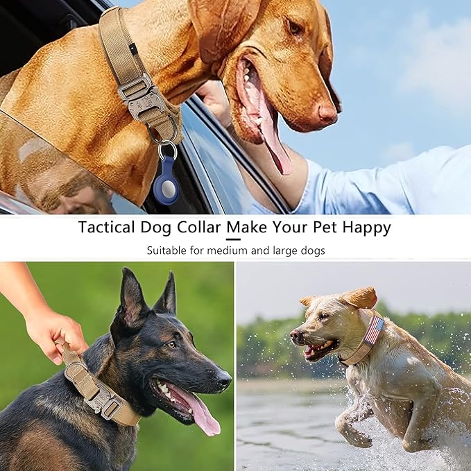 DAGANXI Tactical Dog Collar, Adjustable Military Training Nylon Dog Collar with Control Handle and Heavy Metal Buckle for Medium and Large Dogs, with Patches and Airtags Case (M, Brown)