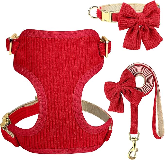 Didog Cute Small Dog Harness Collar and Leash Set with Bowtie, Breathable Soft Mesh Padded Puppy Harness, Christmas Dog Harness for for Parties, Holiday Gatherings & Gifts, Red, S