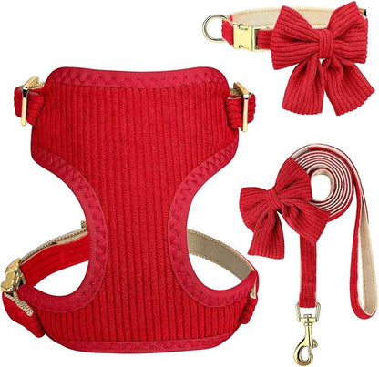 Didog Cute Small Dog Harness Collar and Leash Set with Bowtie, Breathable Soft Mesh Padded Puppy Harness, Christmas Dog Harness for for Parties, Holiday Gatherings & Gifts, Red, S