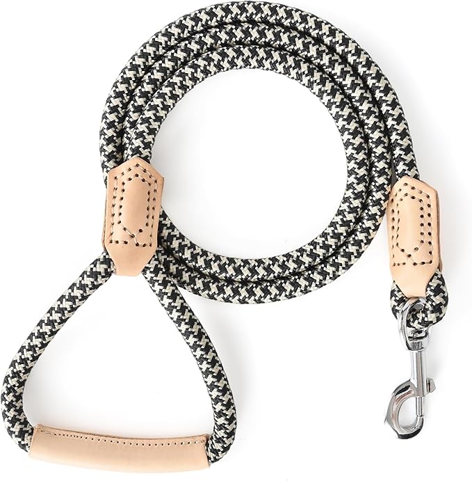 Mile High Life Rope Leash with Genuine Leather Grip and Connection, 6 FT/5 FT/4 FT, Heavy Duty Leash for Small Medium & Large Dogs(Black Khaki,72 Inch)