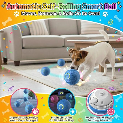 Interactive Dog Toy Play Set for Puppies & Small to Medium Dogs – Includes Self Rolling Ball, Durable Rubber Treat Chew Bone & Squeaky Plush Dinosaur
