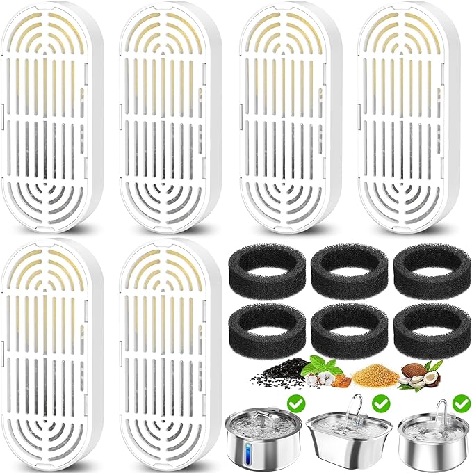 Cat Water Fountain Filters for 108/3.2L& 4L/134oz Stainless Steel Pet Water Dispenser Fountain Filters (6 Filters& 6Sponges)