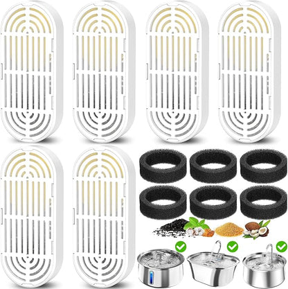 Cat Water Fountain Filters for 108/3.2L& 4L/134oz Stainless Steel Pet Water Dispenser Fountain Filters (6 Filters& 6Sponges)
