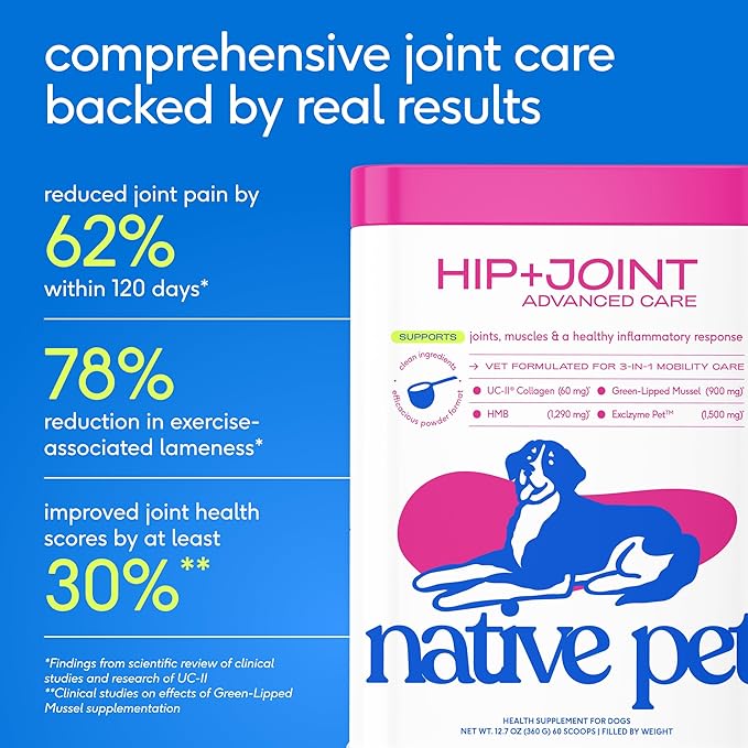Native Pet Advanced Care - Hip & Joint Supplement for Dogs - Supports Joints, Cartilage, Muscles & Anti-Inflammatory with HMB, UC-II Collagen, Green Lipped Mussel & Hyaluronic Acid - 30 Scoops