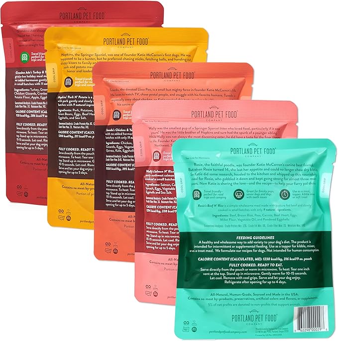 Portland Pet Food Company Fresh Dog Food Pouches - Human-Grade Topper Mix-Ins & Wet Pet Meals - Small & Large Breed Puppy & Senior Dogs - Gluten-Free Limited Ingredient Meal Toppers - 5 Pack Variety