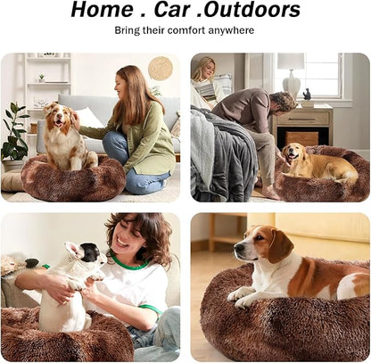 NOYAL Calming Donut Dog Bed for Small to Medium Dogs & Cats - Plush Faux Fur Anti-Anxiety Pet Bed with Machine Washable Cover & Non-Slip Base