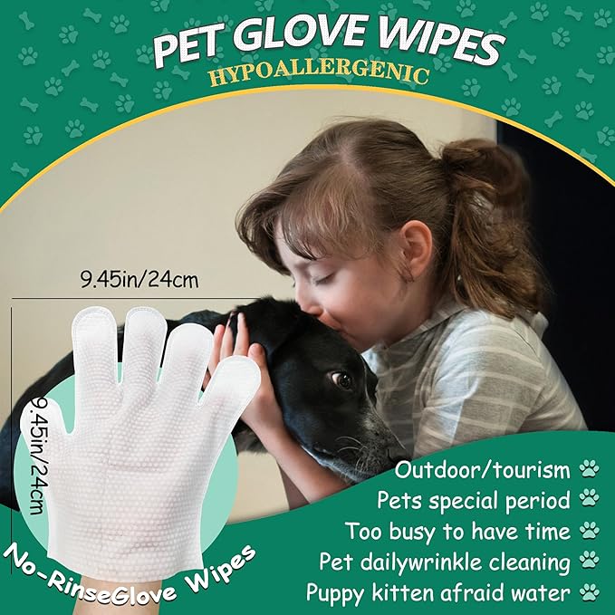 CHPPEY Pet Cleaning and Deodorizing Bathing Grooming Glove Wipes for Dogs and Cats, Extra Thick Nourish Fur No-Rinse Grooming Wipes for Daily Care and Travel, Hypoallergenic, 30 pcs