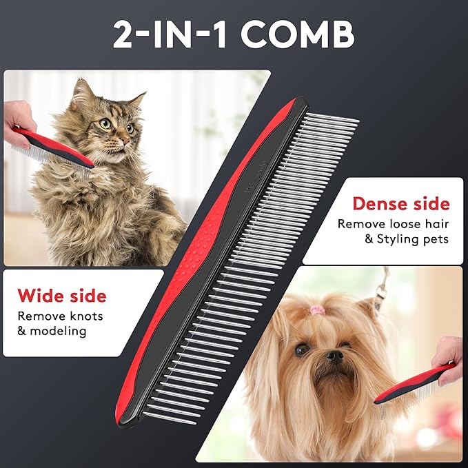 Tpotato Deshedding Dog Brush for Long Haired Dogs Cats,Undercoat Shedding Rake for Dematting Detangling Tangles Matted Fur and Knots,Metal Pet Comb,Professional Pet Grooming Supplies Tool Kit,Red
