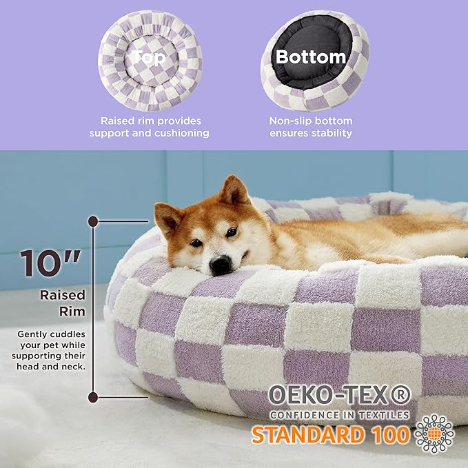 LE SURE Shown on TV Donut Large Dog Bed - XL Round Cat Beds Indoor Anti-Anxiety Calming Bed Present for Pets, Washable Cute Bed with Jacquard Shaggy Plush & Anti Slip Bottom, 36 Inch, Purple