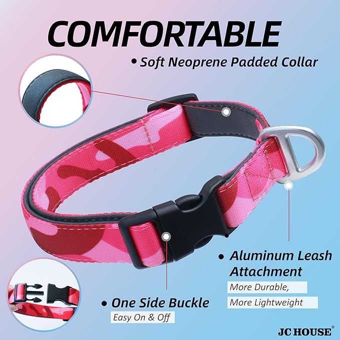 Soft Padded Dog Collar, Neck 12’’-20’’, Adjustable Heavy Duty Collar with 3M Reflective Logo for Medium, Large Dogs, Camo Pink, Medium
