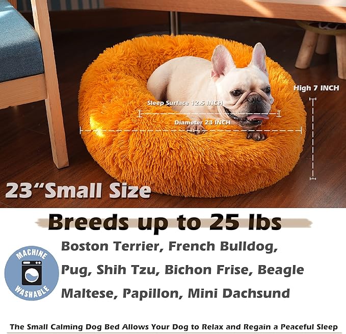 Calming Donut Dogs Beds for Small Dogs Washable,23inch Plush Round Pet Bed for Cozy Sleep,Fluffy Faux Fur Large Cat Bed,Fits up to 25 lbs Pets,Orange