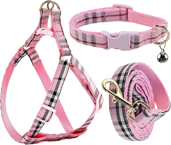 NISIYE Cute Plaid Dog Collar Harness and Leash with Safety Buckle - Adjustable and No Pull Comfortable Dog Collars for Small Puppy, Stylish Durable Gift for Boy Girl Pets