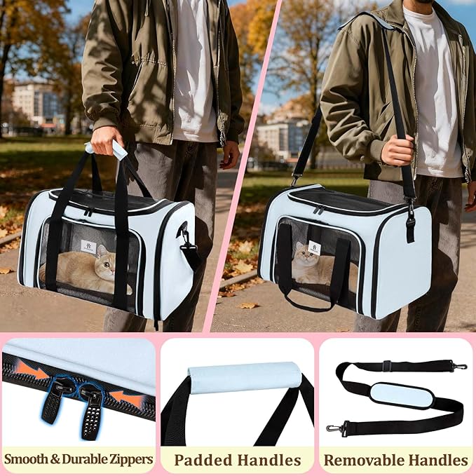 DSDCDJ Cat Carrier Dog Carrier - Soft-Sided Cat Carrier with Plush Pad & Cooling Mat, Easy-Load 4-Side Zipper & 3-Side Mesh Ventilation, Pet Carrier Airline Approved for Cats/Dogs Up to 20 lbs, Blue