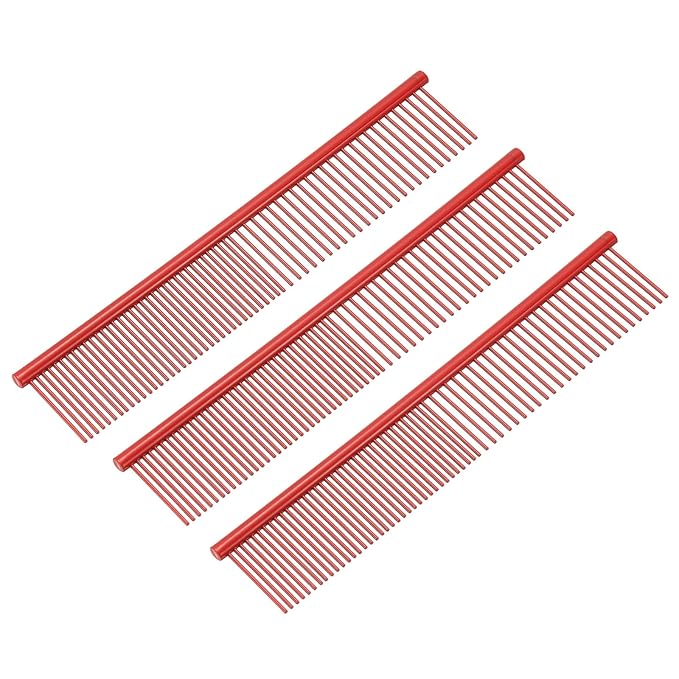 PETAXCELL Dog Cat Comb, Pet Combs Stainless Steel Teeth with Rounded Ends for Knots Mats Loose Hair Removal, 7.5IN (Red Coated, 3 Pack), Grooming Tool Intended for Long Curly Hair Pet