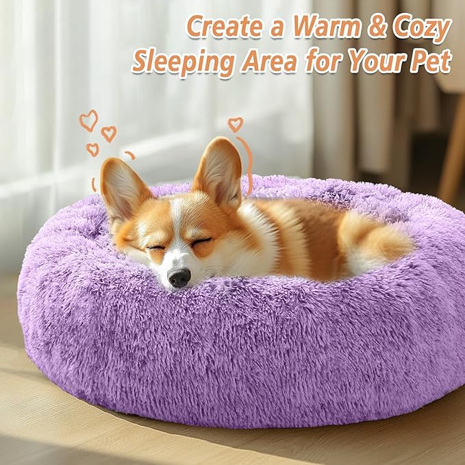 JOLLYVOGUE Calming Small Dog & Cat Bed for Indoor Cats - 20 inches Washable Donut Bed for Kittens & Puppies, Anti-Anxiety Round Fluffy Plush Pet Beds (Fits up to 15 lbs, Purple)