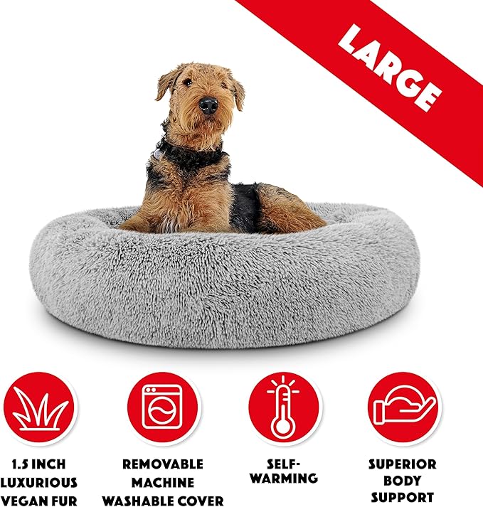 The Dog's Bed Large Silver Grey Fur Calming Nest Bed, Veterinary Approved