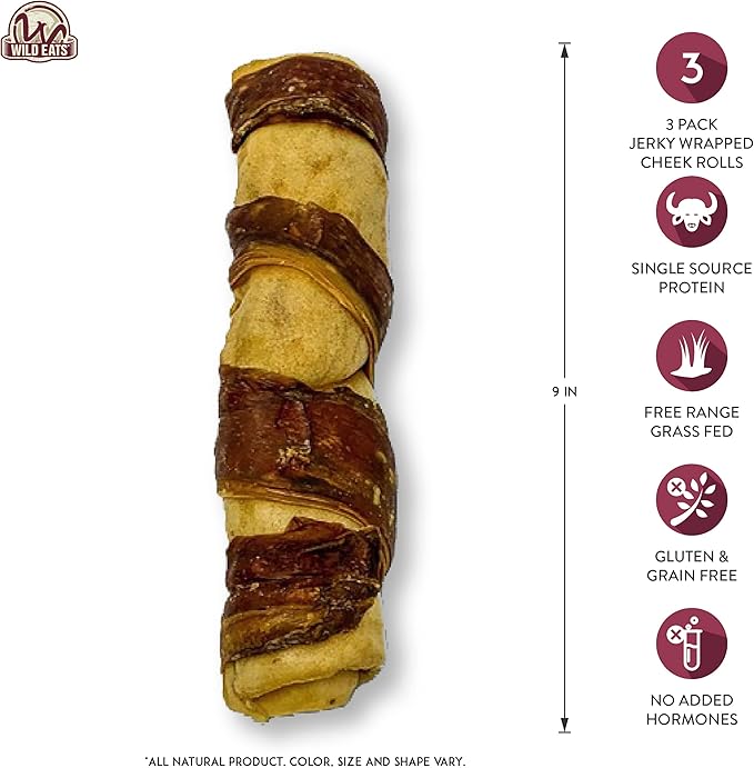 Wild Eats Water Buffalo Retriever 9 Inch Cheek Roll Dog Chews - 3 Pack (Healthy Alternative for Beef Rawhide for Dogs, Natural Treat, Single Source Protein Dog Treat)