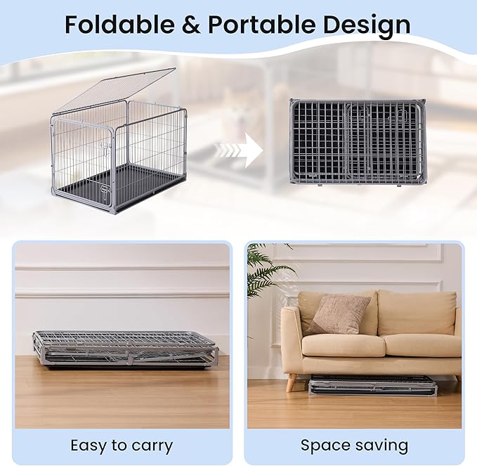 ZOMISIA Foldable Dog Crate for Large Dogs - 42 inch Escape-Proof Metal Kennel with Double Door, Easy Assembly Collapsible Cage with Removable Tray, Indoor Outdoor Use, Silver Gray
